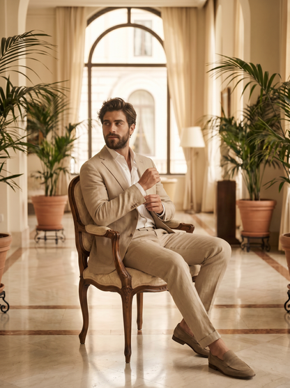 Sand Linen Groomsmen Suit — Custom Made to Measure - seated view