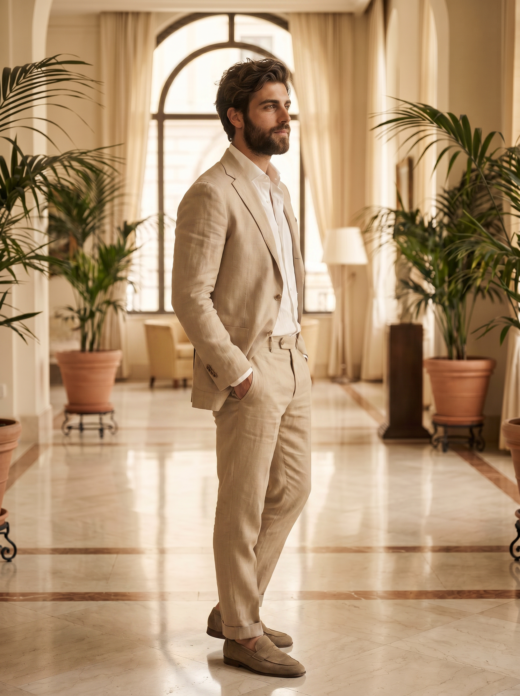 Sand Linen Groomsmen Suit — Custom Made to Measure - side view