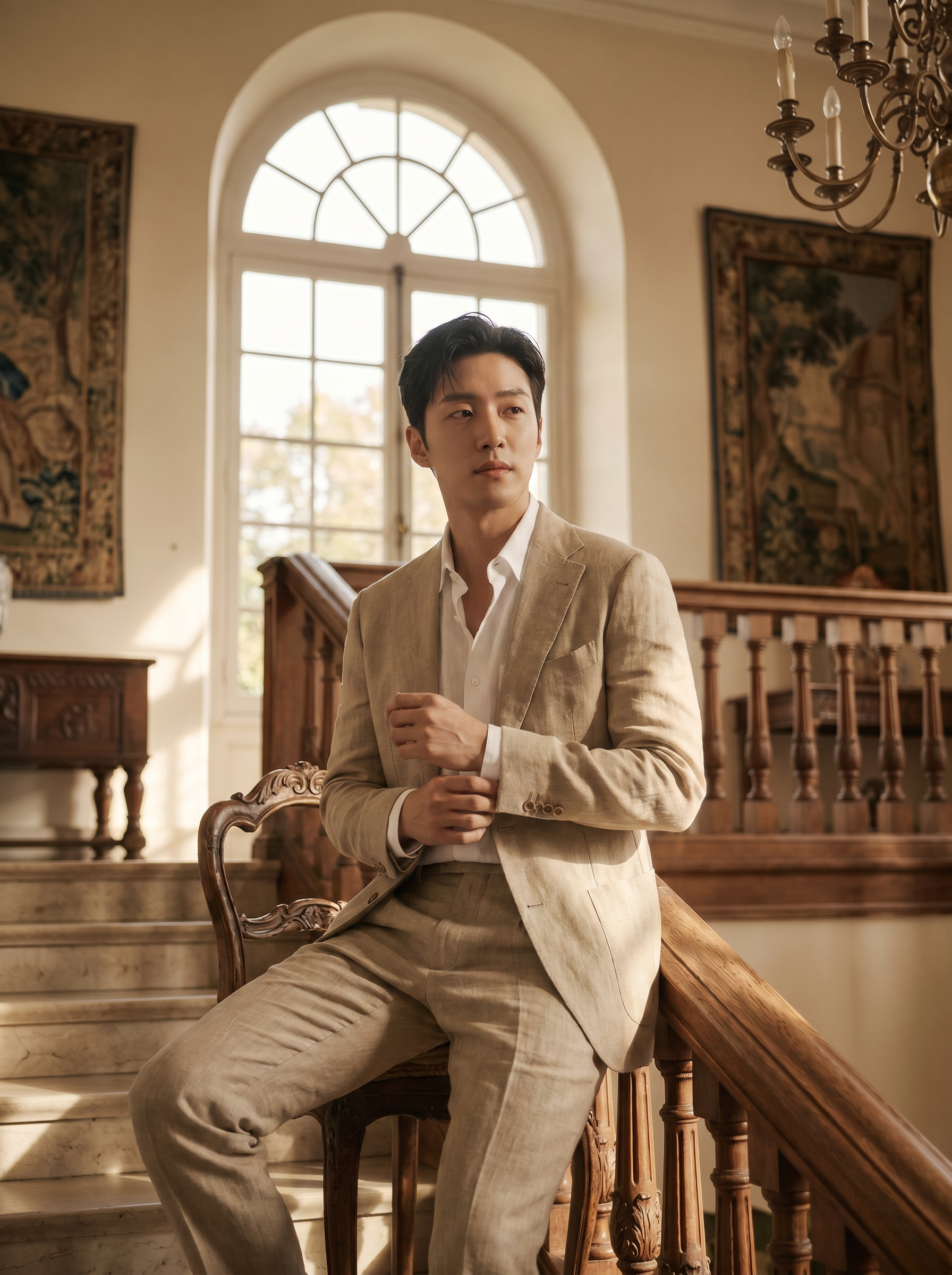 Sand Linen Suit — Custom Made to Measure - seated view