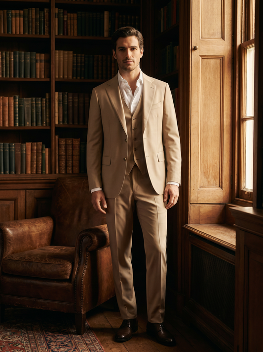 Sand Silk Blend 3-Piece Suit — Custom Made to Measure - front view