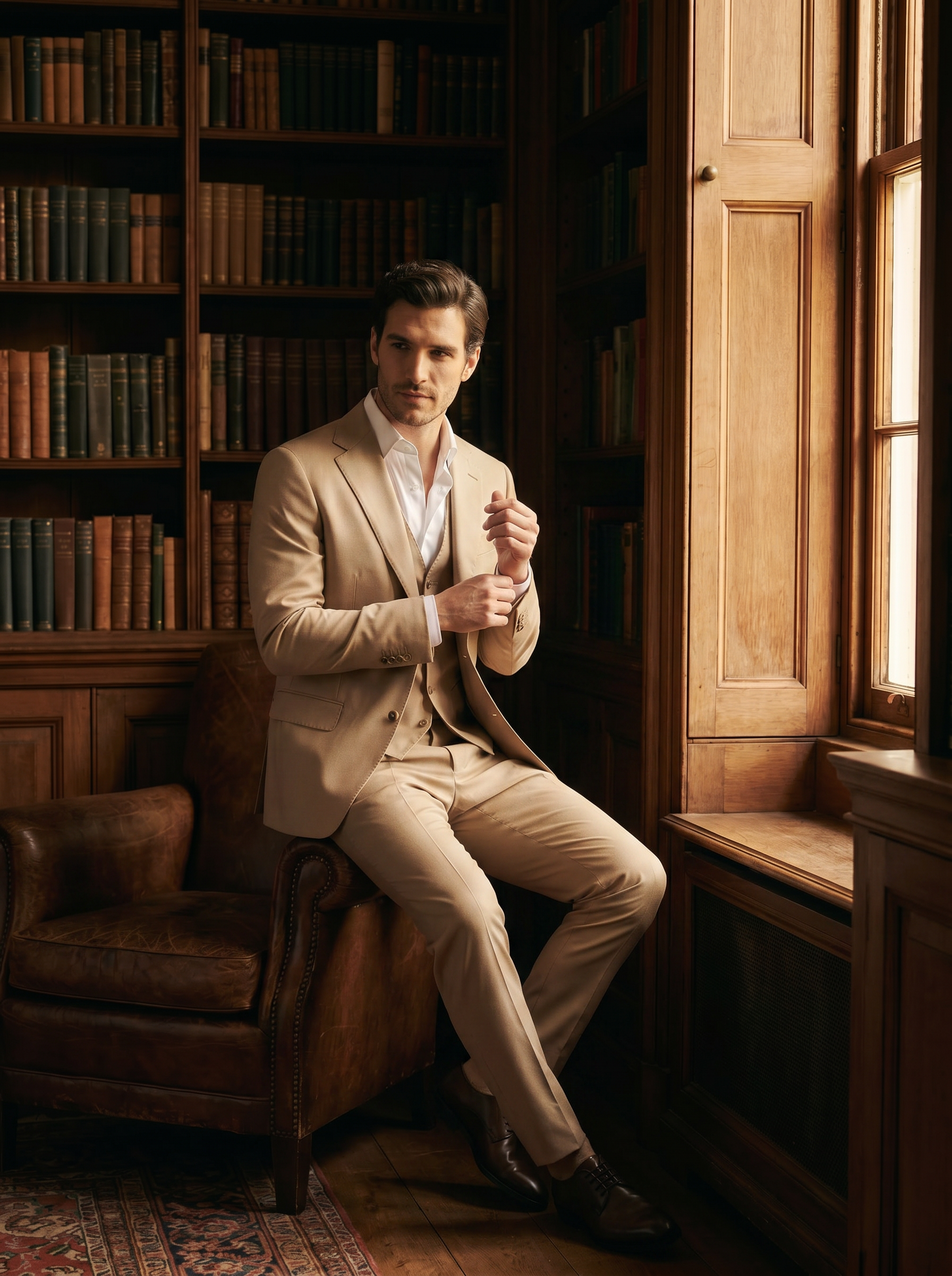 Sand Silk Blend 3-Piece Suit — Custom Made to Measure - seated view