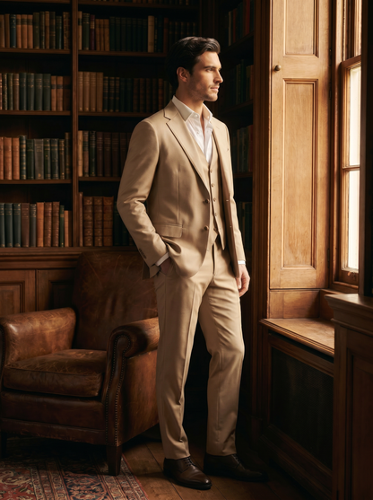 Sand Silk Blend 3-Piece Suit — Custom Made to Measure - side view