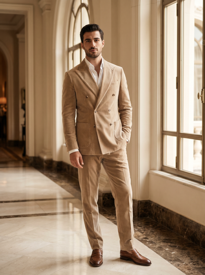 Sand Velvet Double Breasted Suit — Custom Made to Measure - front view
