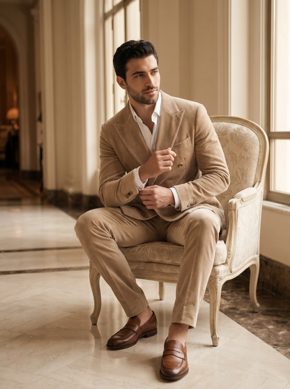 Sand Velvet Double Breasted Suit — Custom Made to Measure - seated view