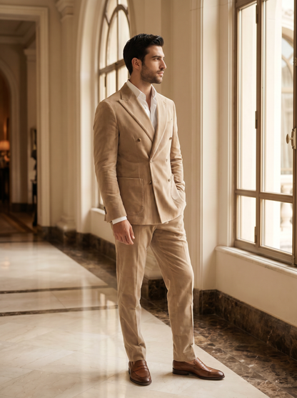 Sand Velvet Double Breasted Suit — Custom Made to Measure - side view