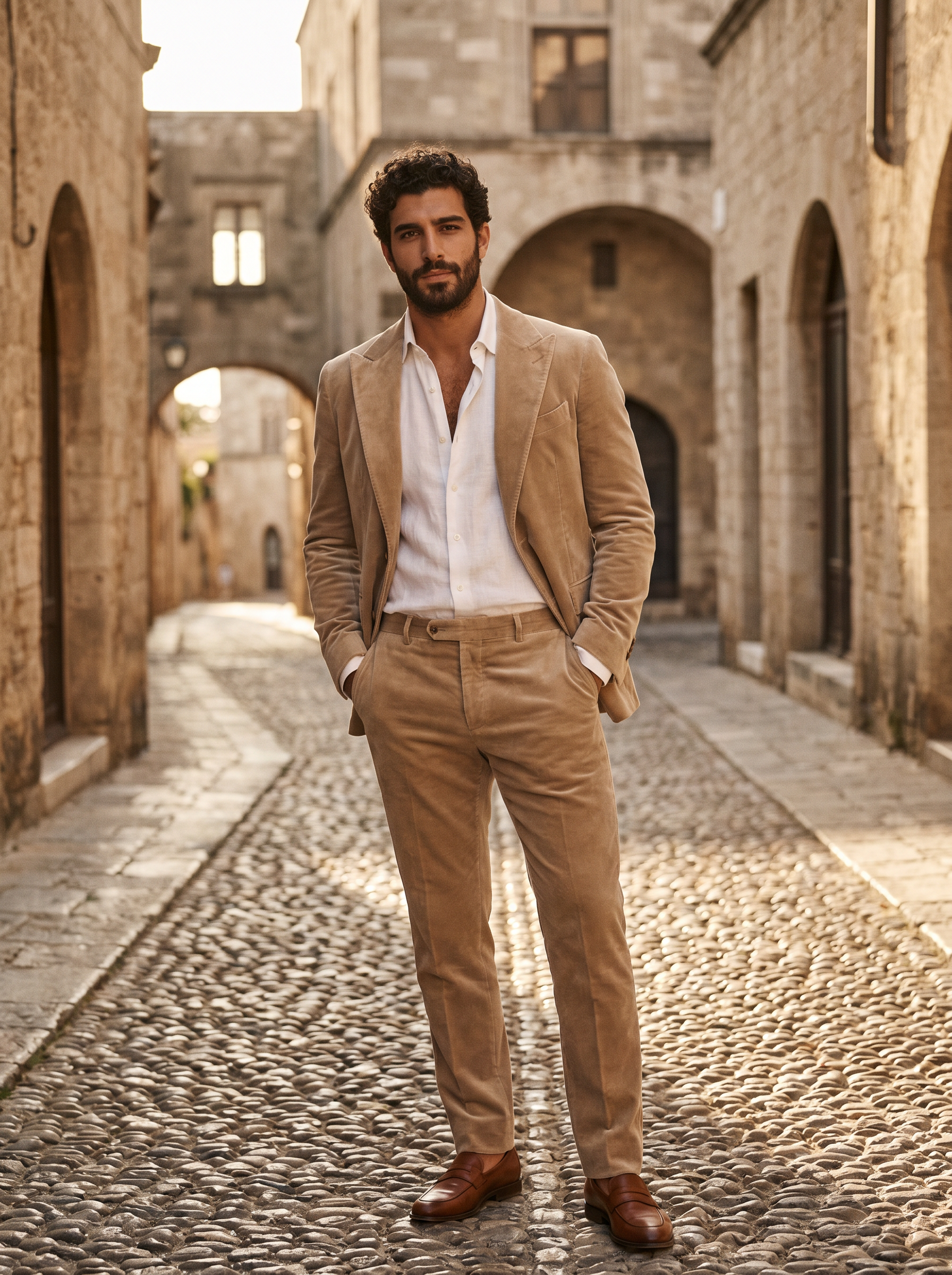 Sand Velvet Groomsmen Suit — Custom Made to Measure - front view