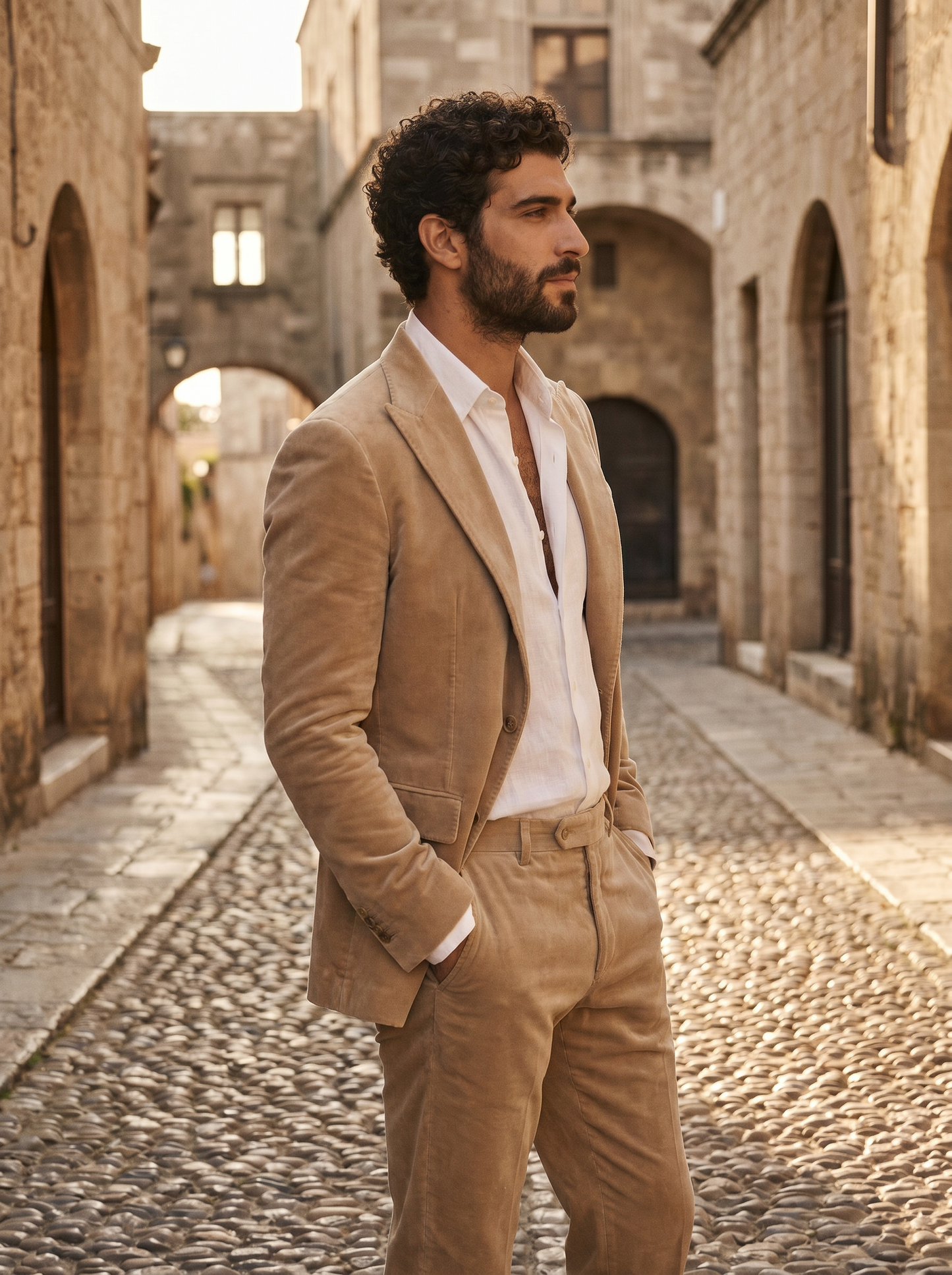 Sand Velvet Groomsmen Suit — Custom Made to Measure - side view