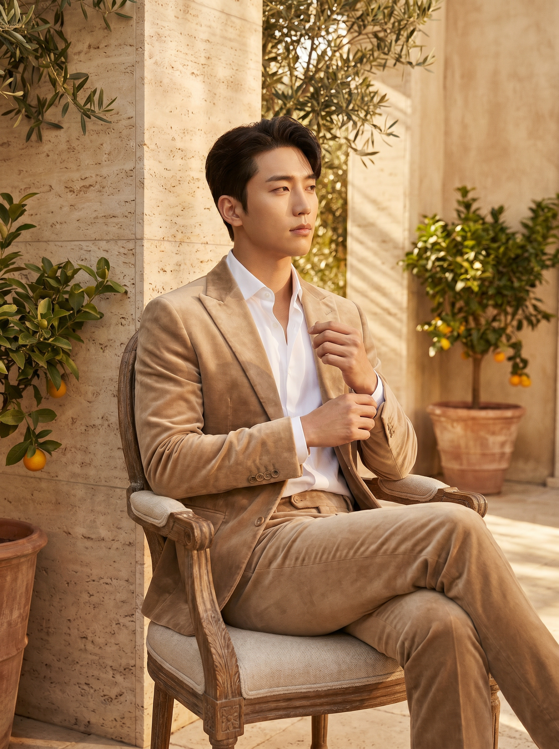 Sand Velvet Suit — Custom Made to Measure - seated view