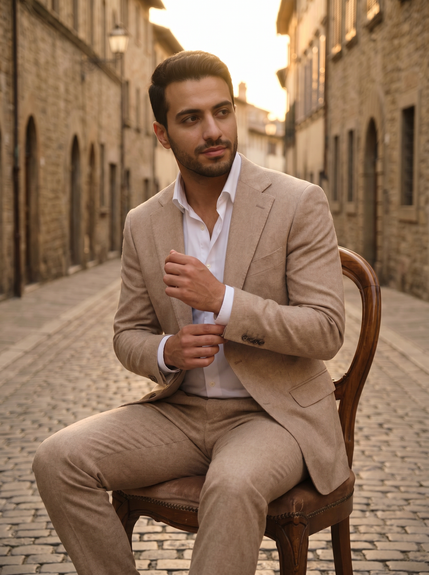 Sand Wool Groomsmen Suit — Custom Made to Measure - seated view