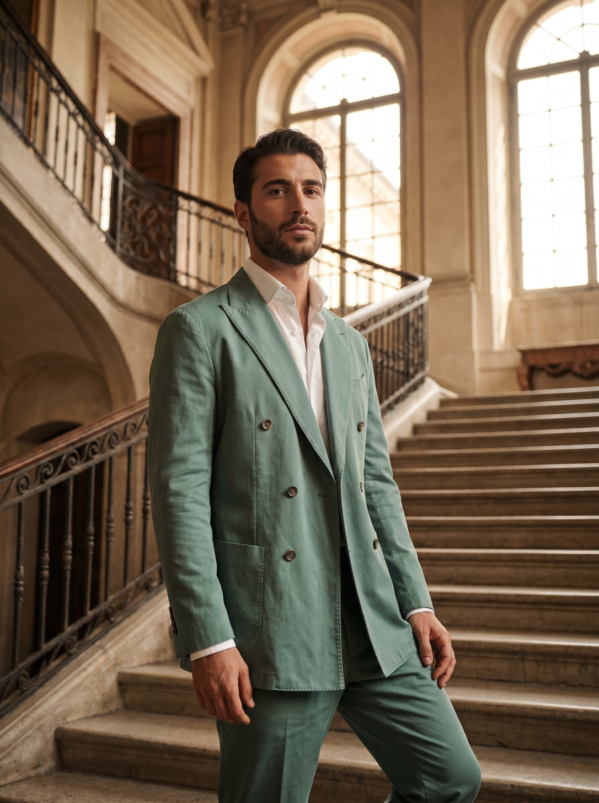 Seafoam Cotton Double Breasted Suit — Custom Made to Measure - front view