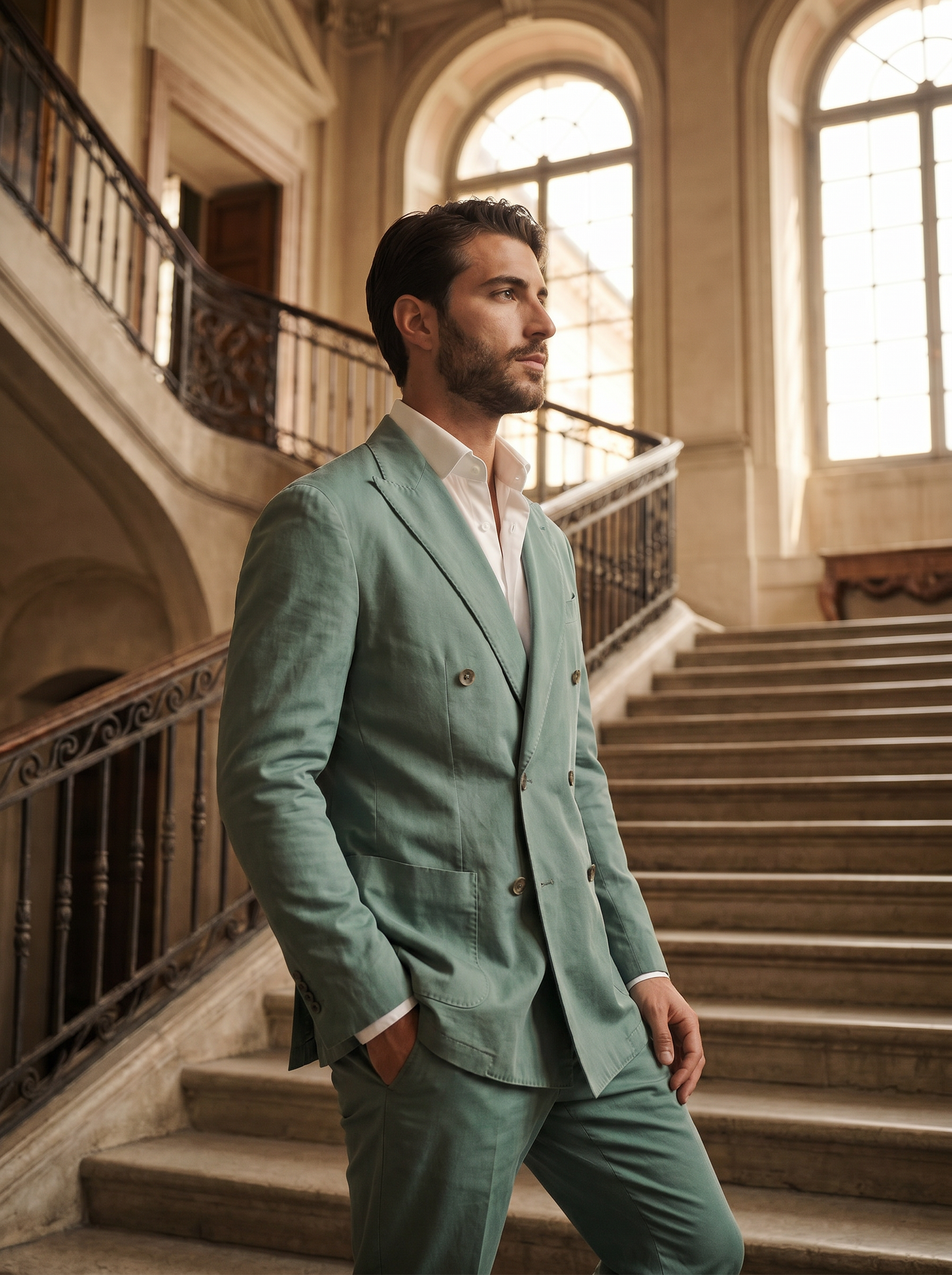 Seafoam Cotton Double Breasted Suit — Custom Made to Measure - side view