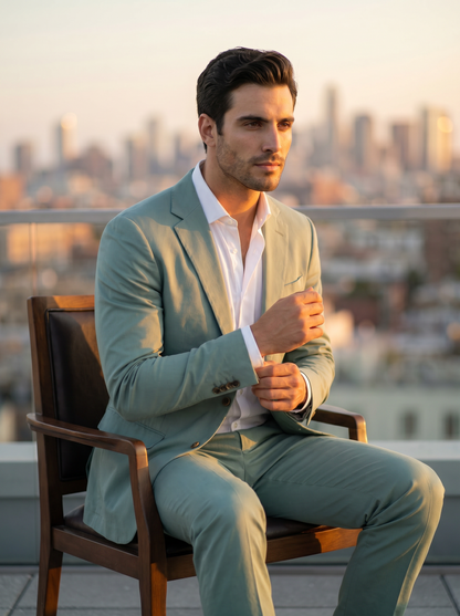 Seafoam Cotton Suit — Custom Made to Measure - seated view