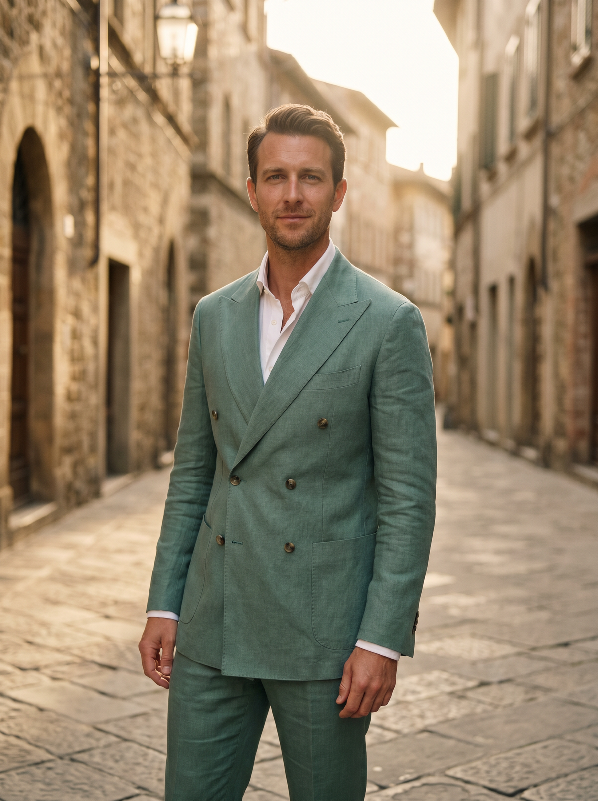 Seafoam Linen Double Breasted Suit — Custom Made to Measure - front view