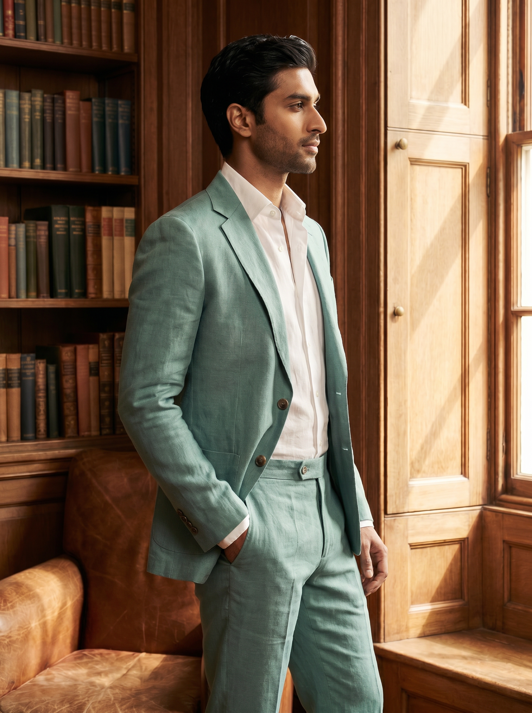 Seafoam Linen Groomsmen Suit — Custom Made to Measure - side view