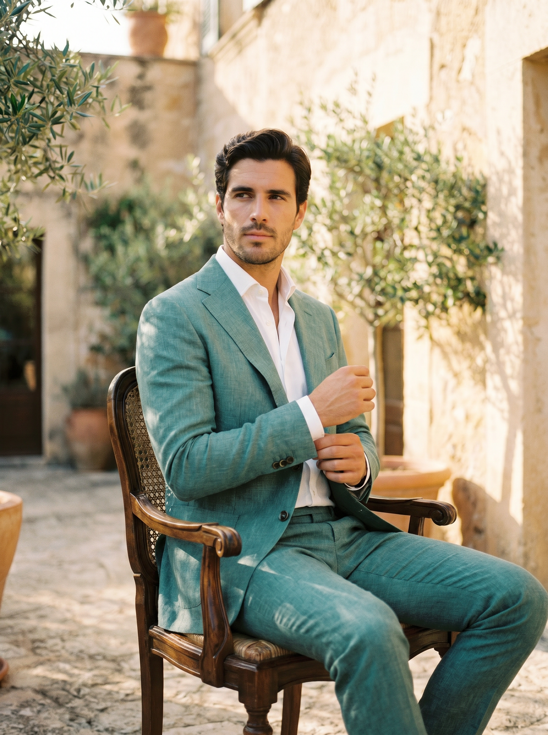 Seafoam Linen Suit — Custom Made to Measure - seated view