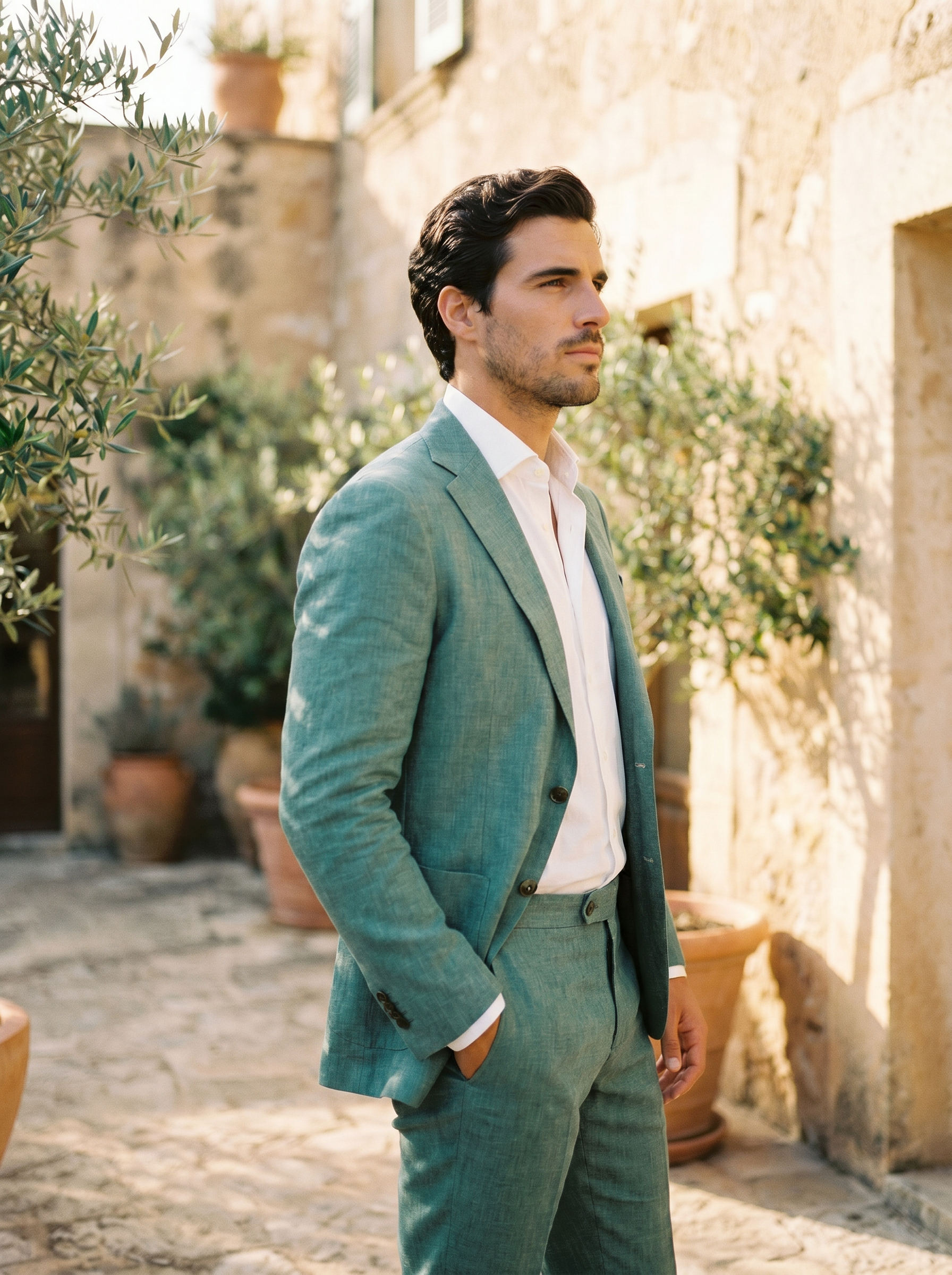 Seafoam Linen Suit — Custom Made to Measure - side view