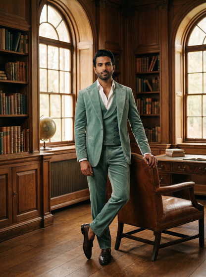 Seafoam Velvet 3-Piece Suit — Custom Made to Measure - front view
