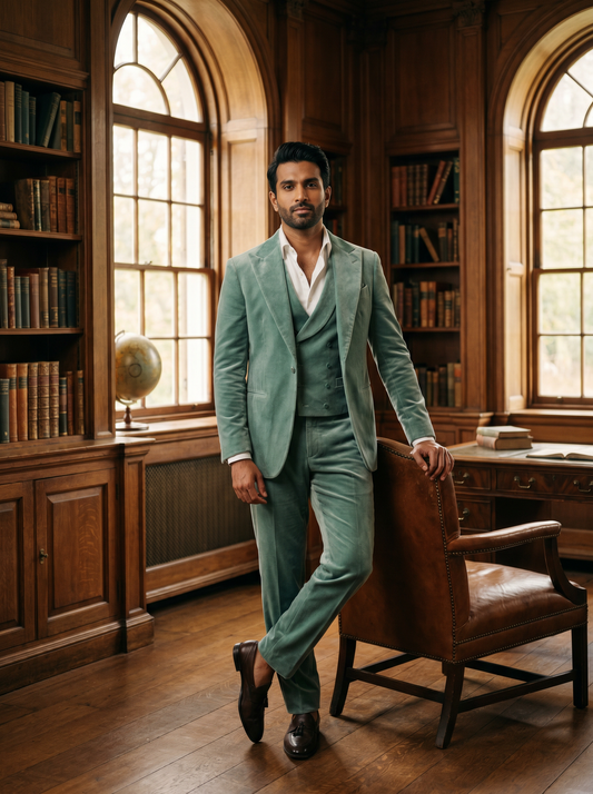 Seafoam Velvet 3-Piece Suit — Custom Made to Measure - front view