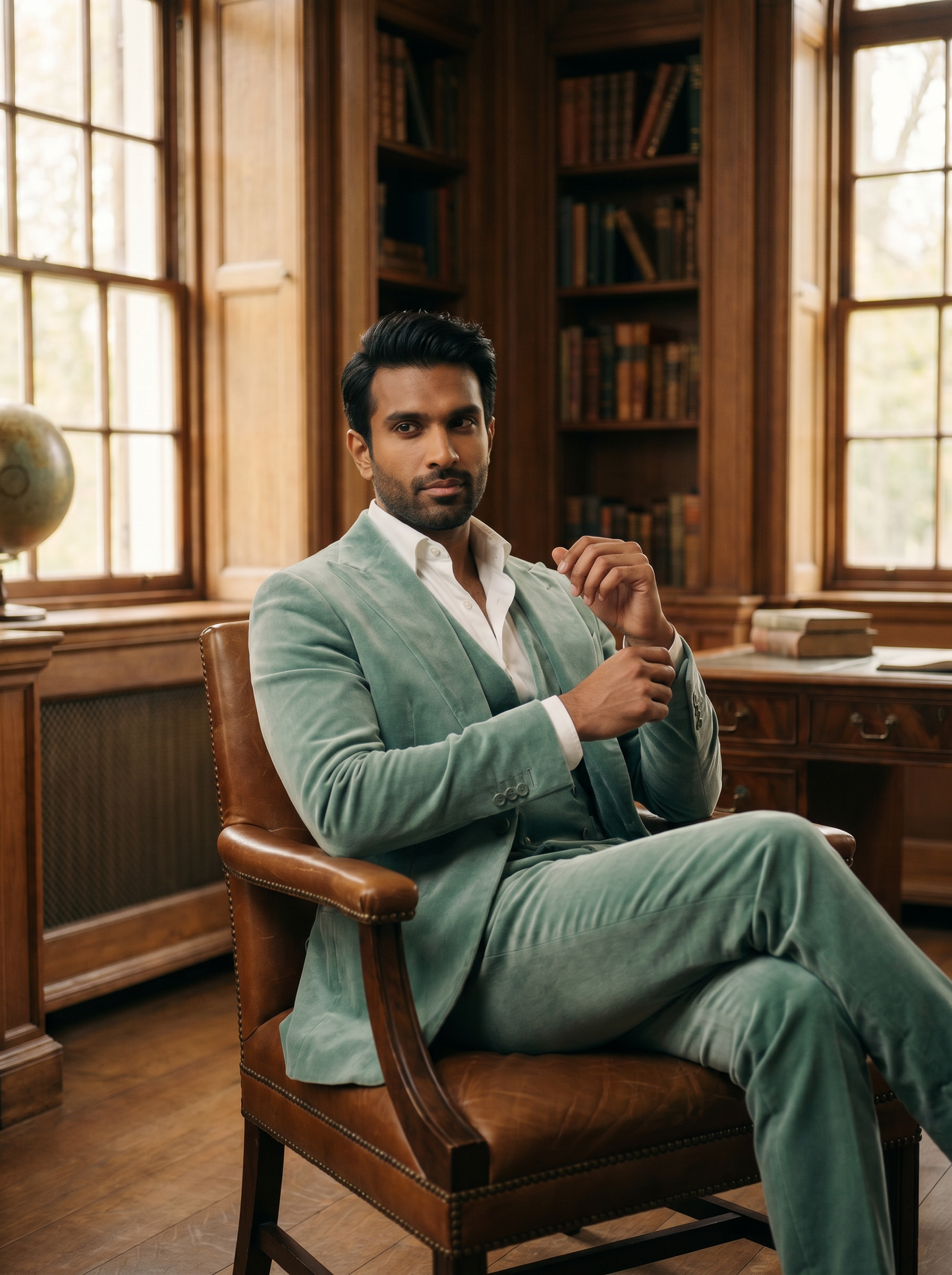 Seafoam Velvet 3-Piece Suit — Custom Made to Measure - seated view