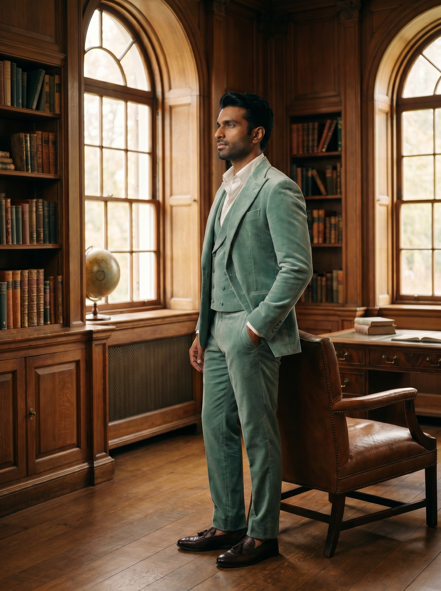 Seafoam Velvet 3-Piece Suit — Custom Made to Measure - side view