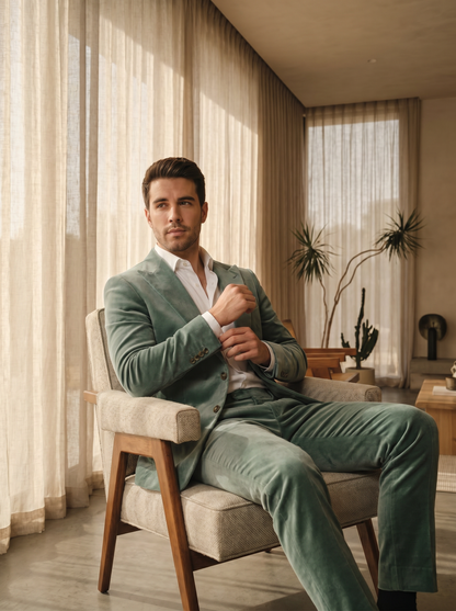 Seafoam Velvet Suit — Custom Made to Measure - seated view