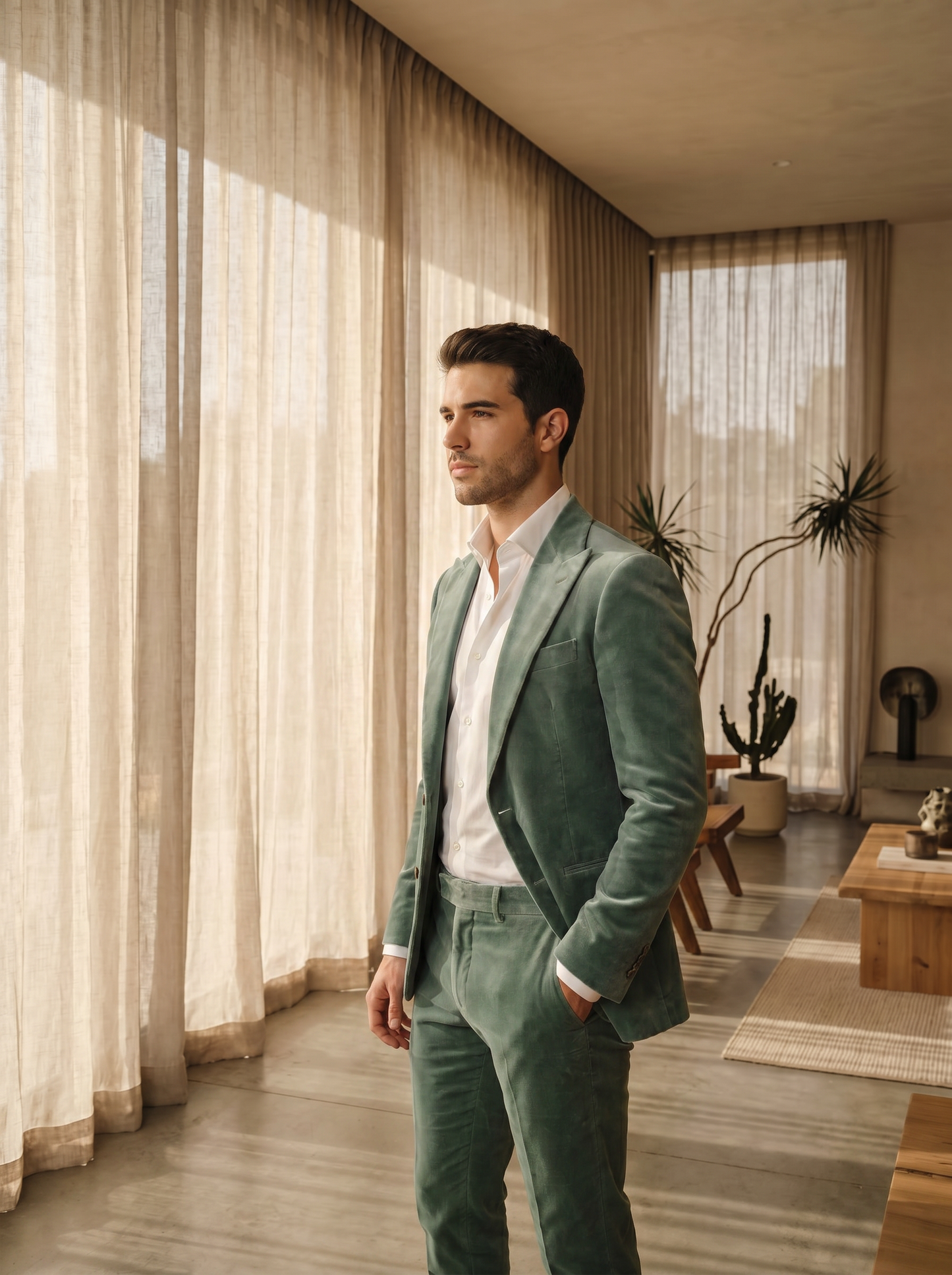 Seafoam Velvet Suit — Custom Made to Measure - side view