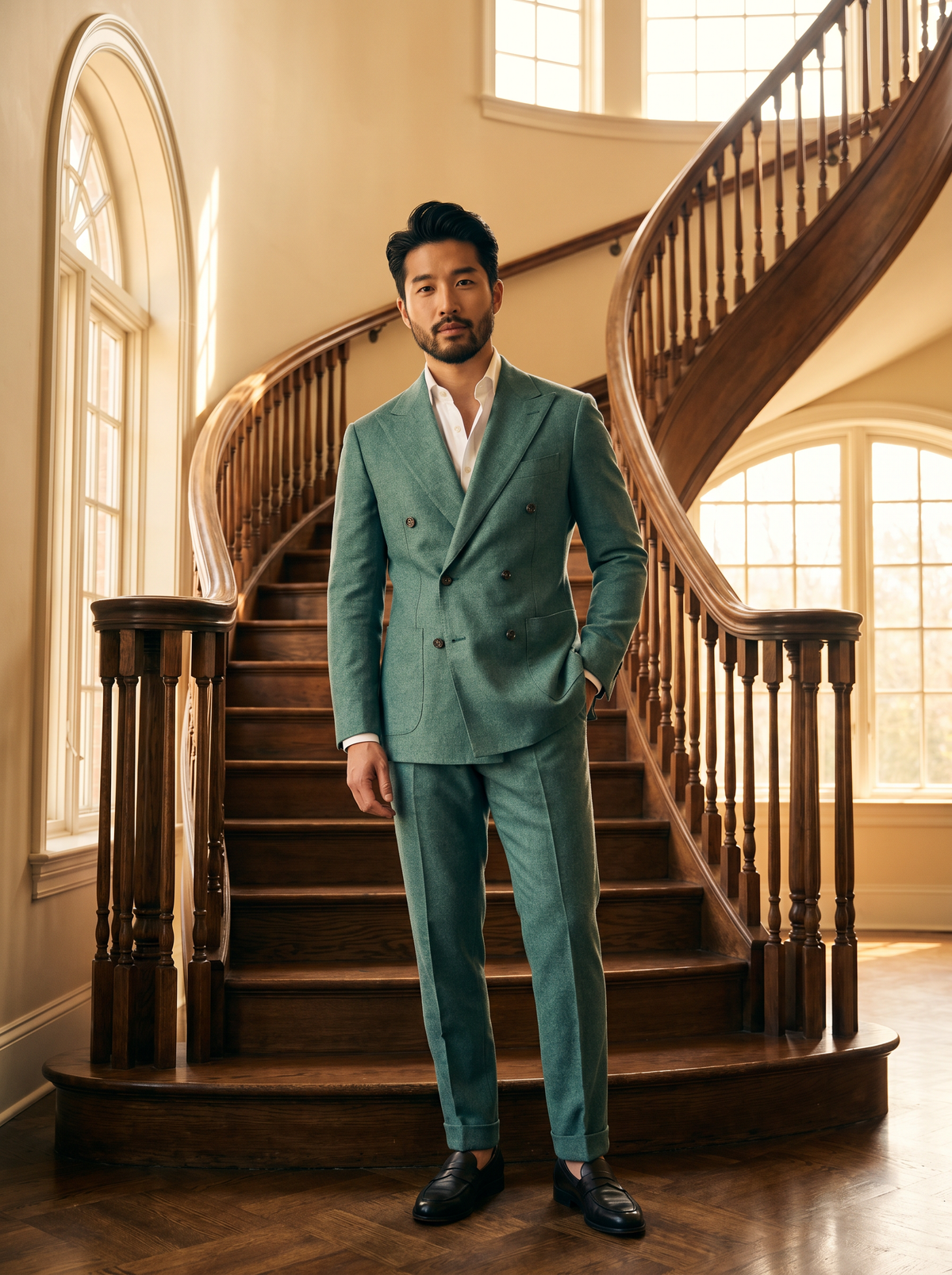 Seafoam Wool Double Breasted Suit — Custom Made to Measure - front view