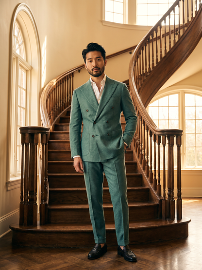 Seafoam Wool Double Breasted Suit — Custom Made to Measure - front view