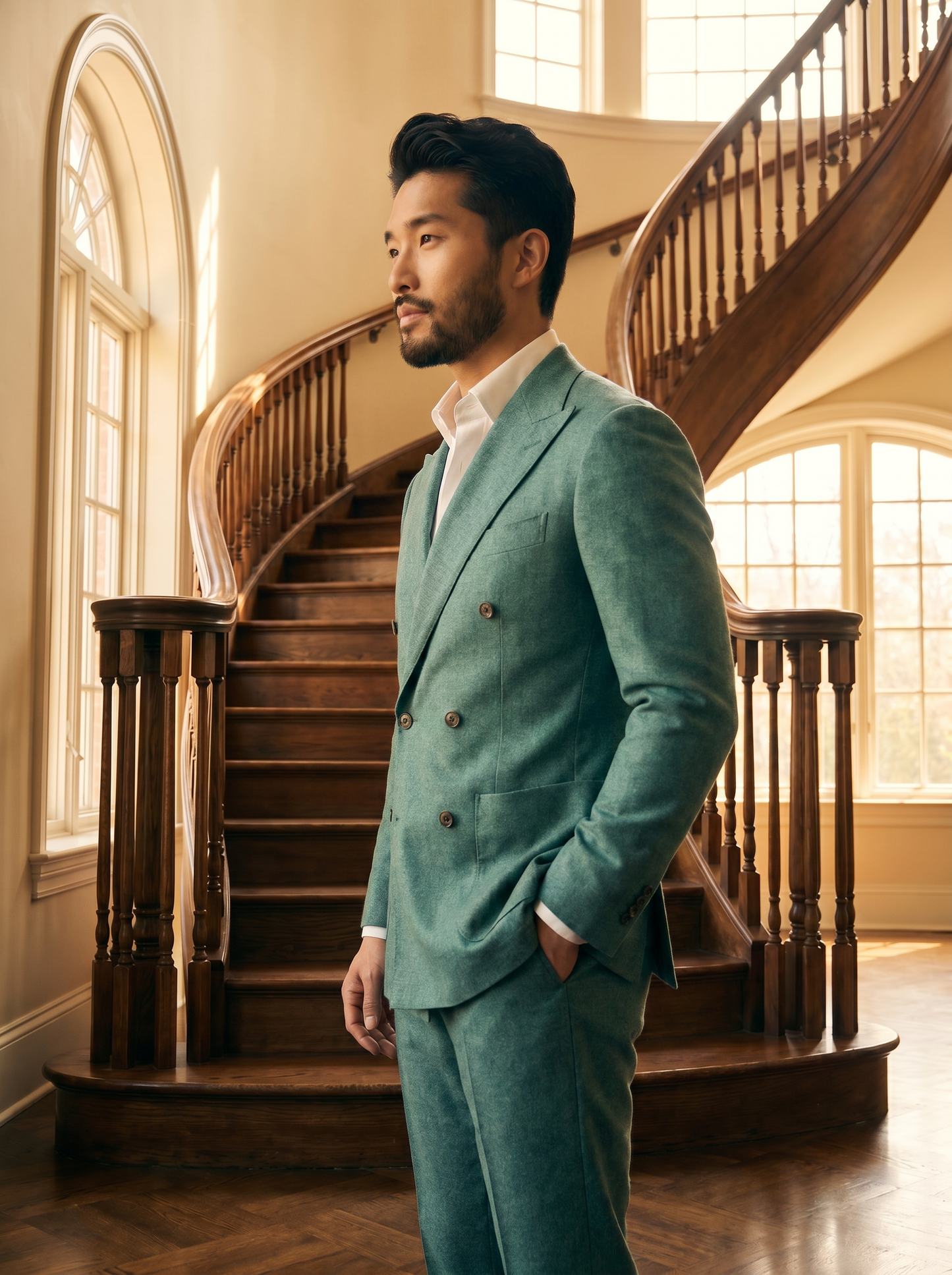Seafoam Wool Double Breasted Suit — Custom Made to Measure - side view