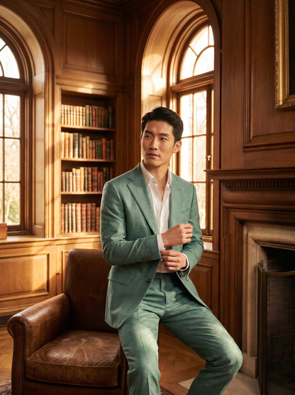 Seafoam Wool Groomsmen Suit — Custom Made to Measure - seated view