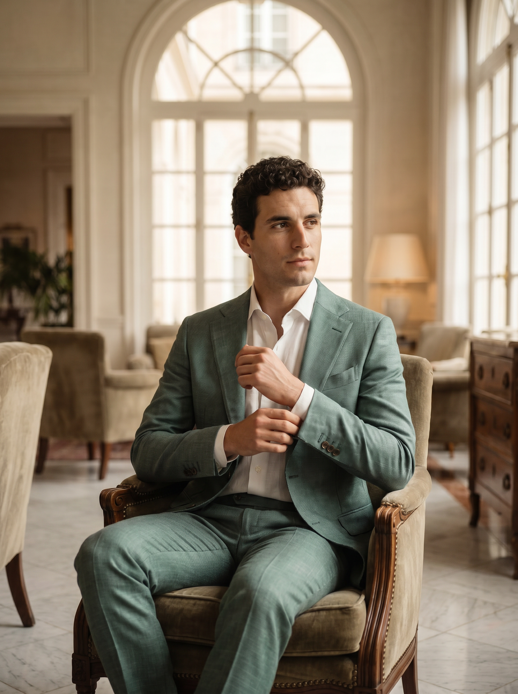 Seafoam Wool Suit — Custom Made to Measure - seated view