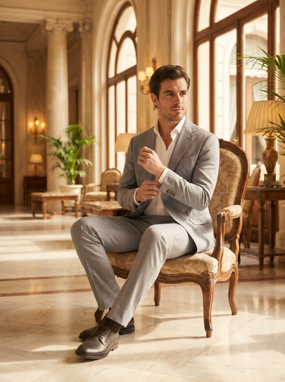 Silver Cotton Suit — Custom Made to Measure - seated view