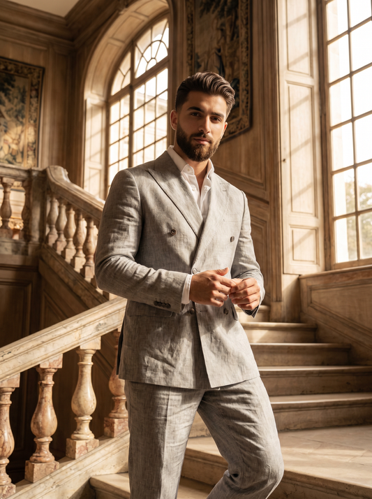 Silver Linen Double Breasted Suit — Custom Made to Measure - front view