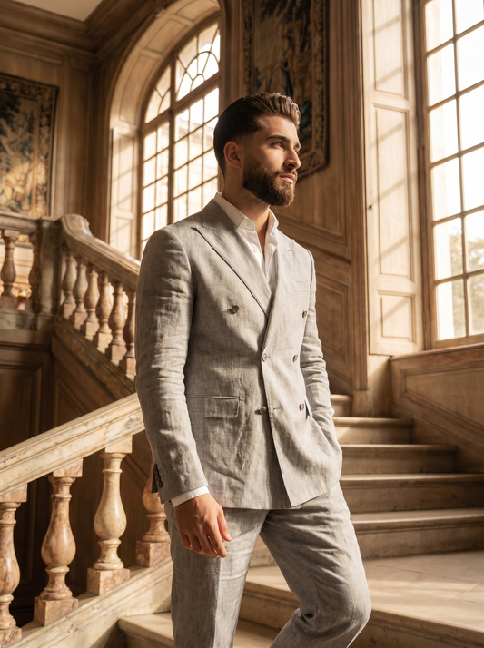 Silver Linen Double Breasted Suit — Custom Made to Measure - side view