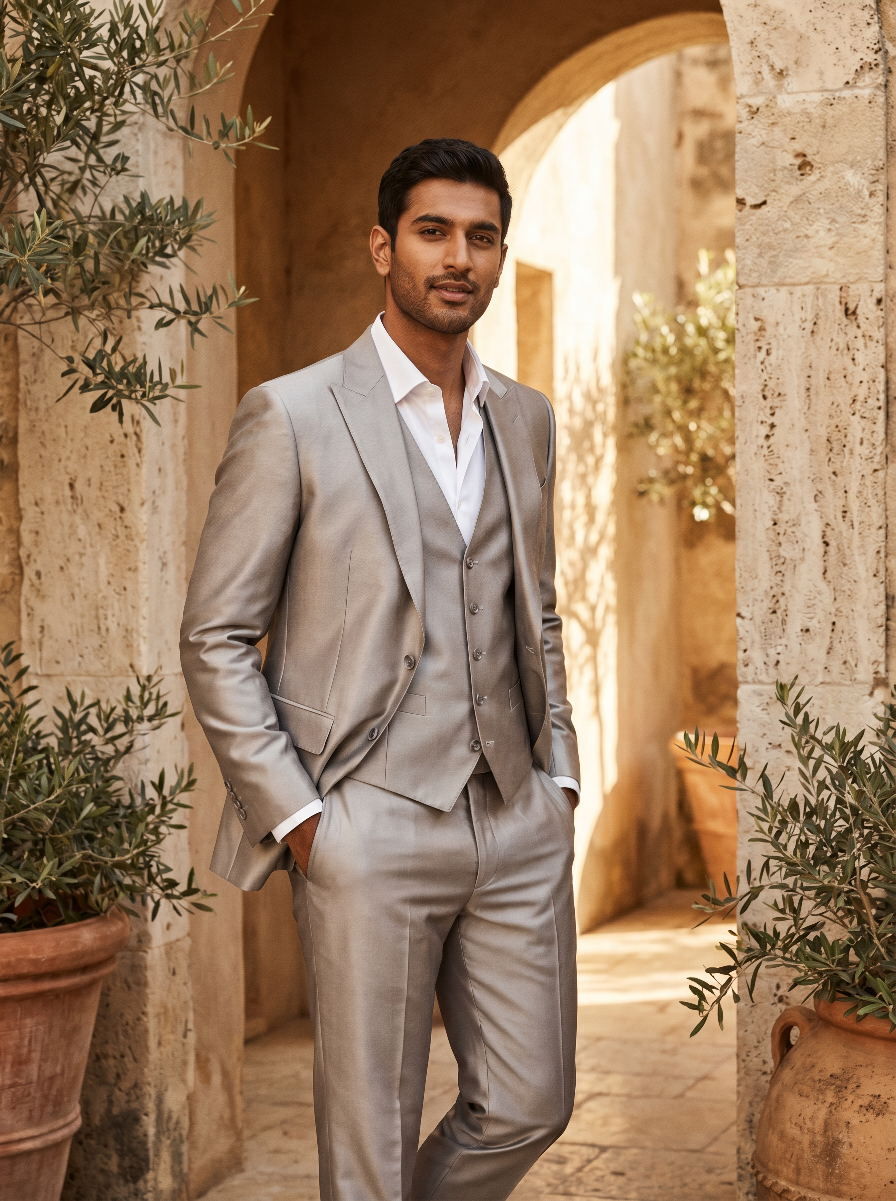 Silver Silk Blend 3-Piece Suit — Custom Made to Measure - front view