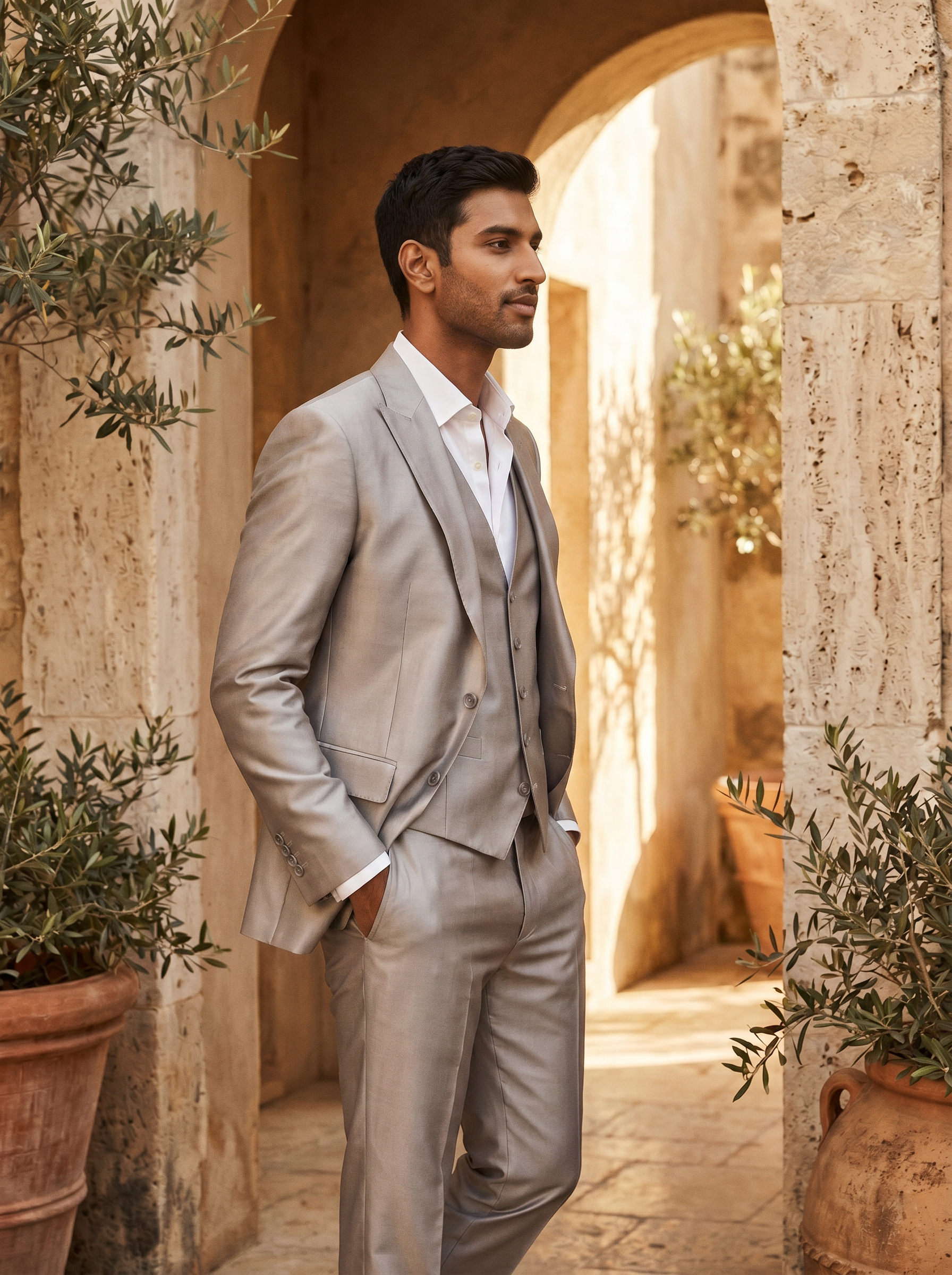 Silver Silk Blend 3-Piece Suit — Custom Made to Measure - side view