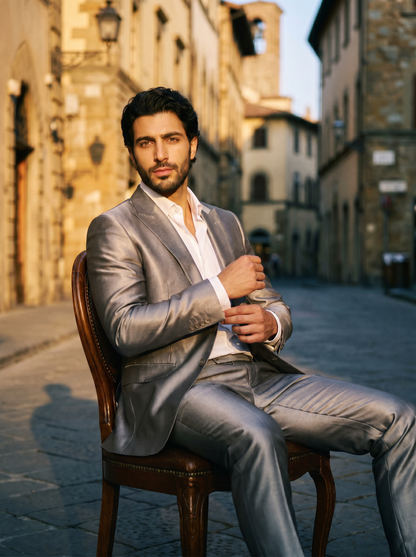 Silver Silk Blend Suit — Custom Made to Measure - seated view