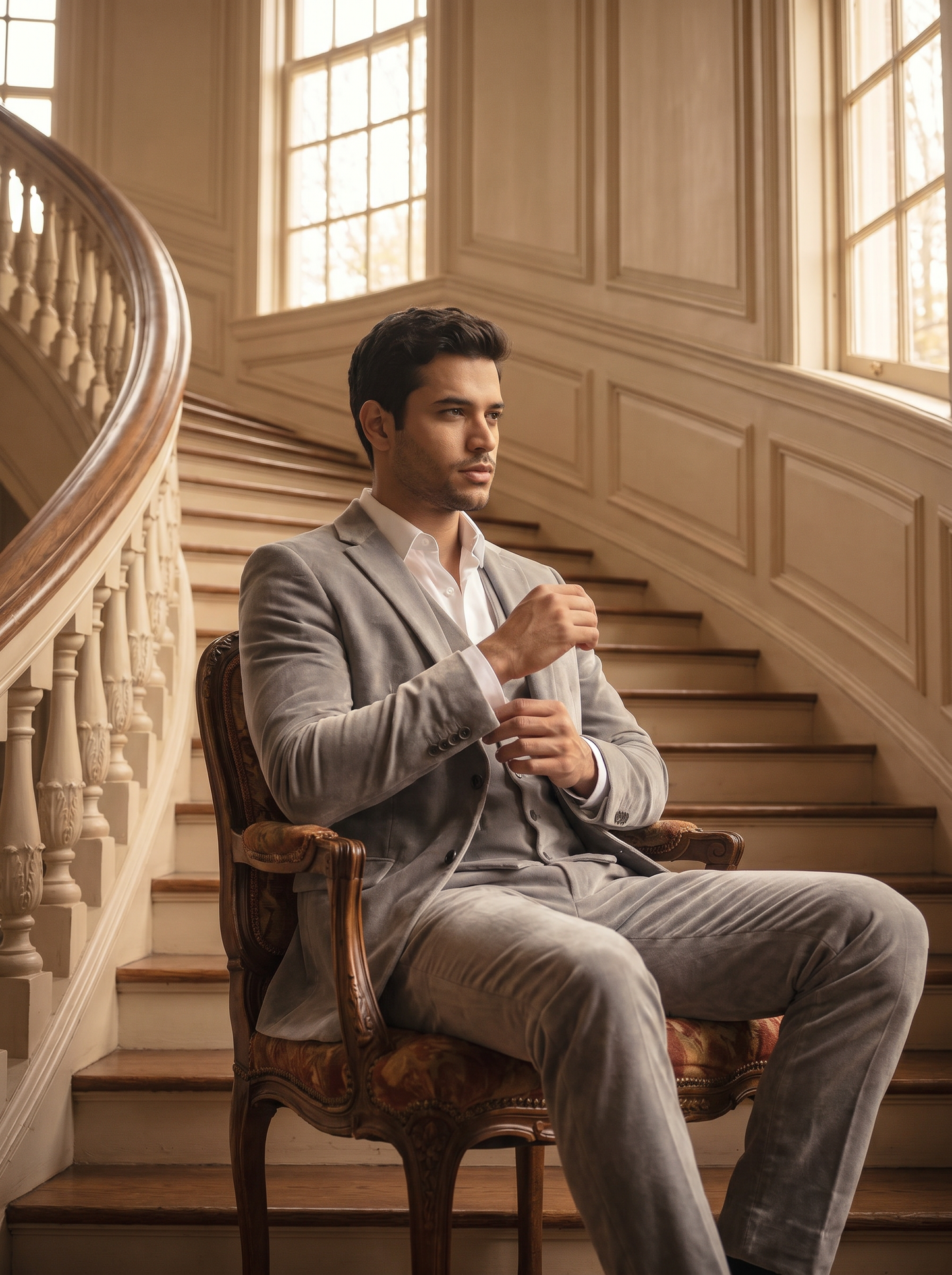 Silver Velvet 3-Piece Suit — Custom Made to Measure - seated view