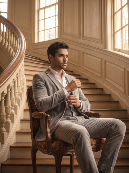 Silver Velvet 3-Piece Suit — Custom Made to Measure - seated view