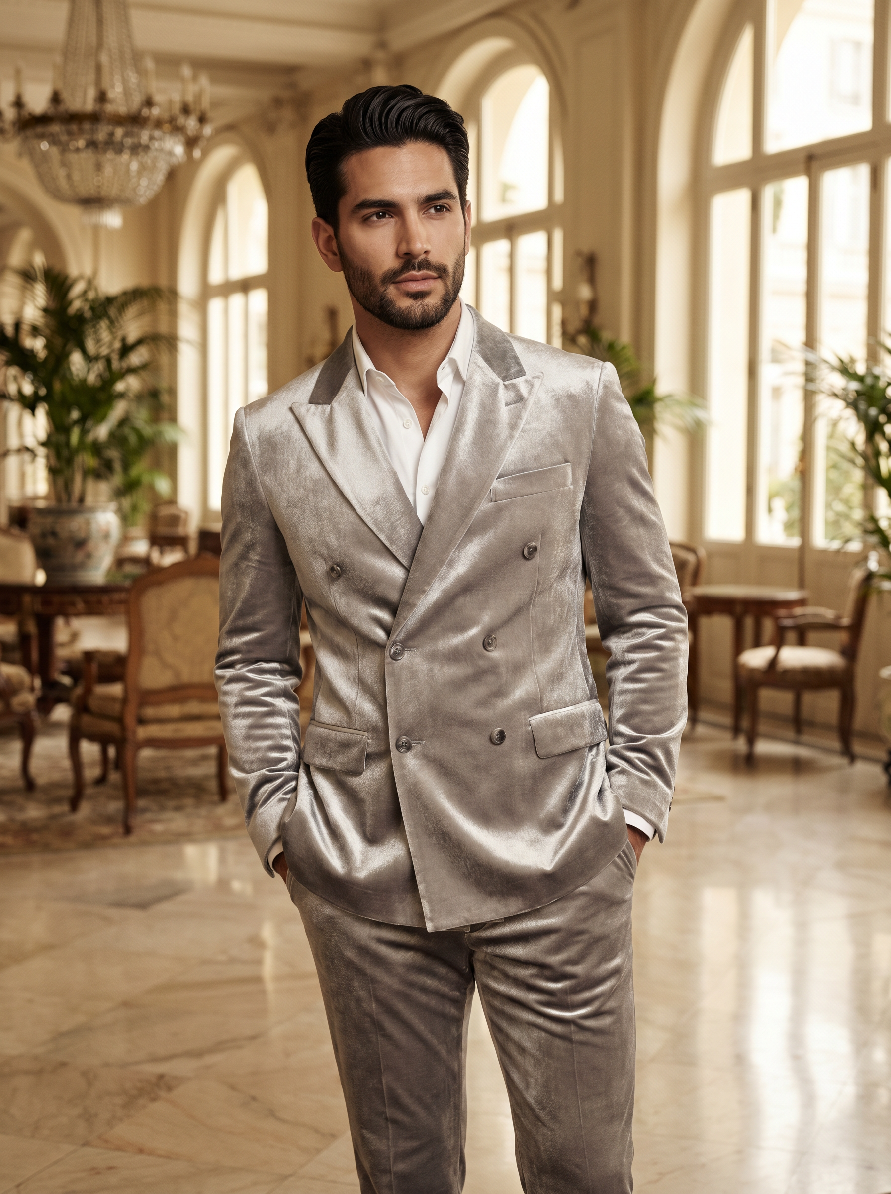 Silver Velvet Double Breasted Suit — Custom Made to Measure - front view