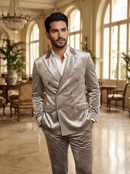 Silver Velvet Double Breasted Suit — Custom Made to Measure - front view