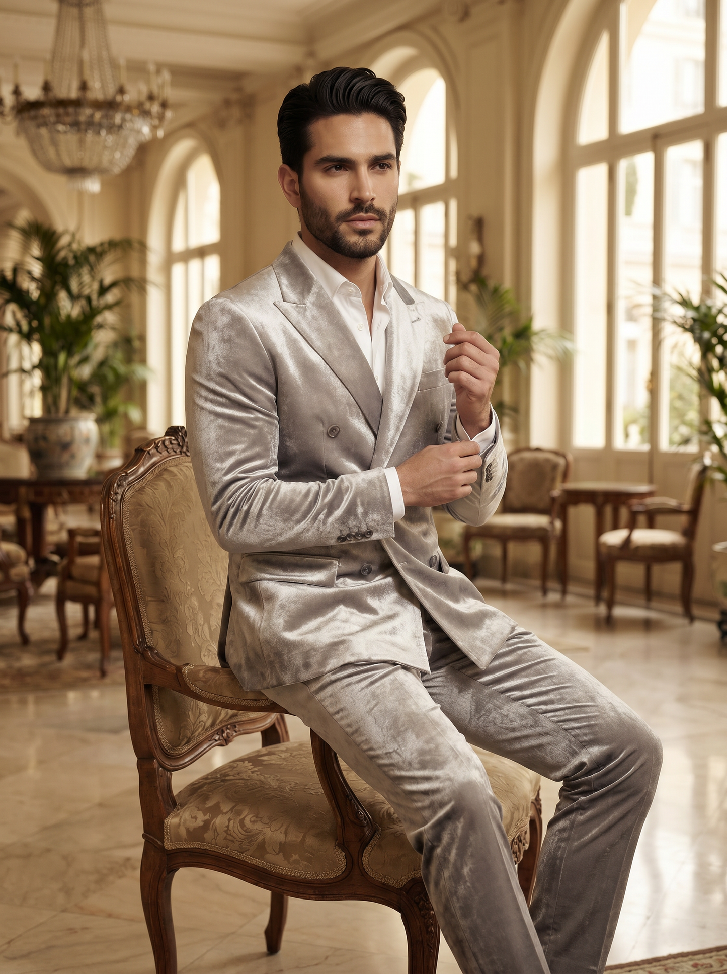 Silver Velvet Double Breasted Suit — Custom Made to Measure - seated view