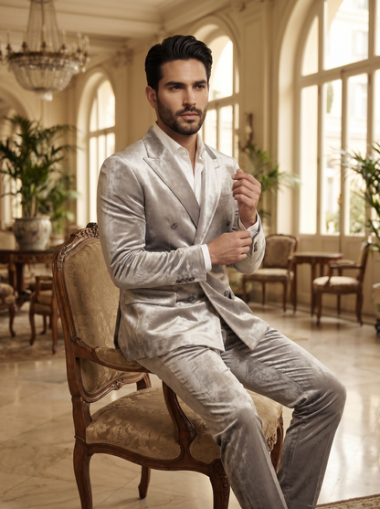 Silver Velvet Double Breasted Suit — Custom Made to Measure - seated view