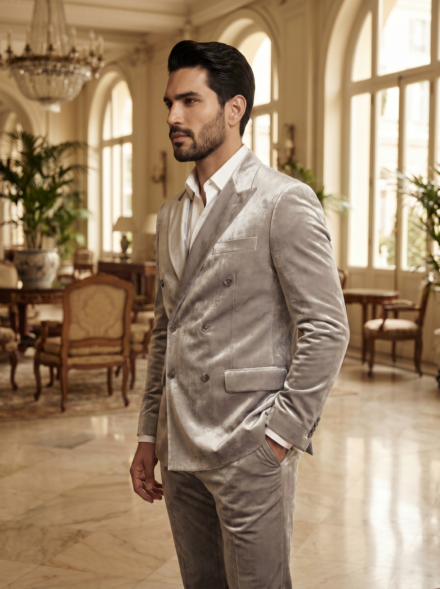 Silver Velvet Double Breasted Suit — Custom Made to Measure - side view
