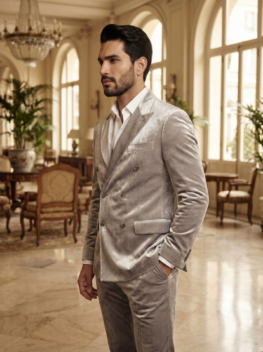 Silver Velvet Double Breasted Suit — Custom Made to Measure - side view