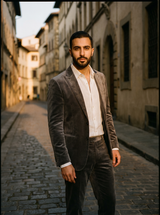 Silver Velvet Groomsmen Suit — Custom Made to Measure - front view