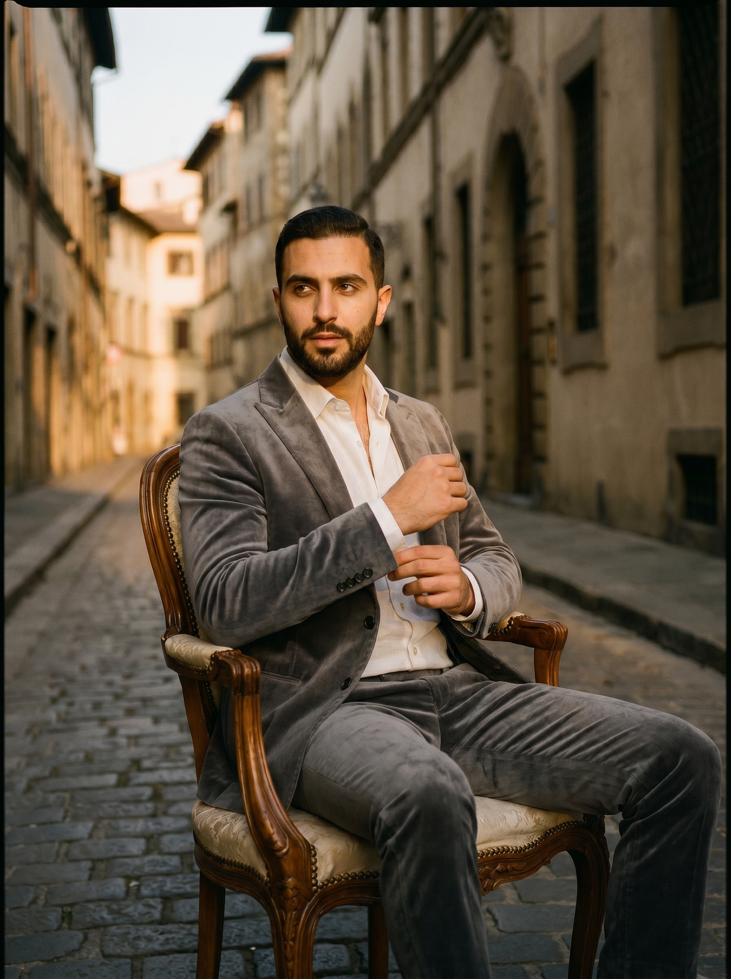 Silver Velvet Groomsmen Suit — Custom Made to Measure - seated view