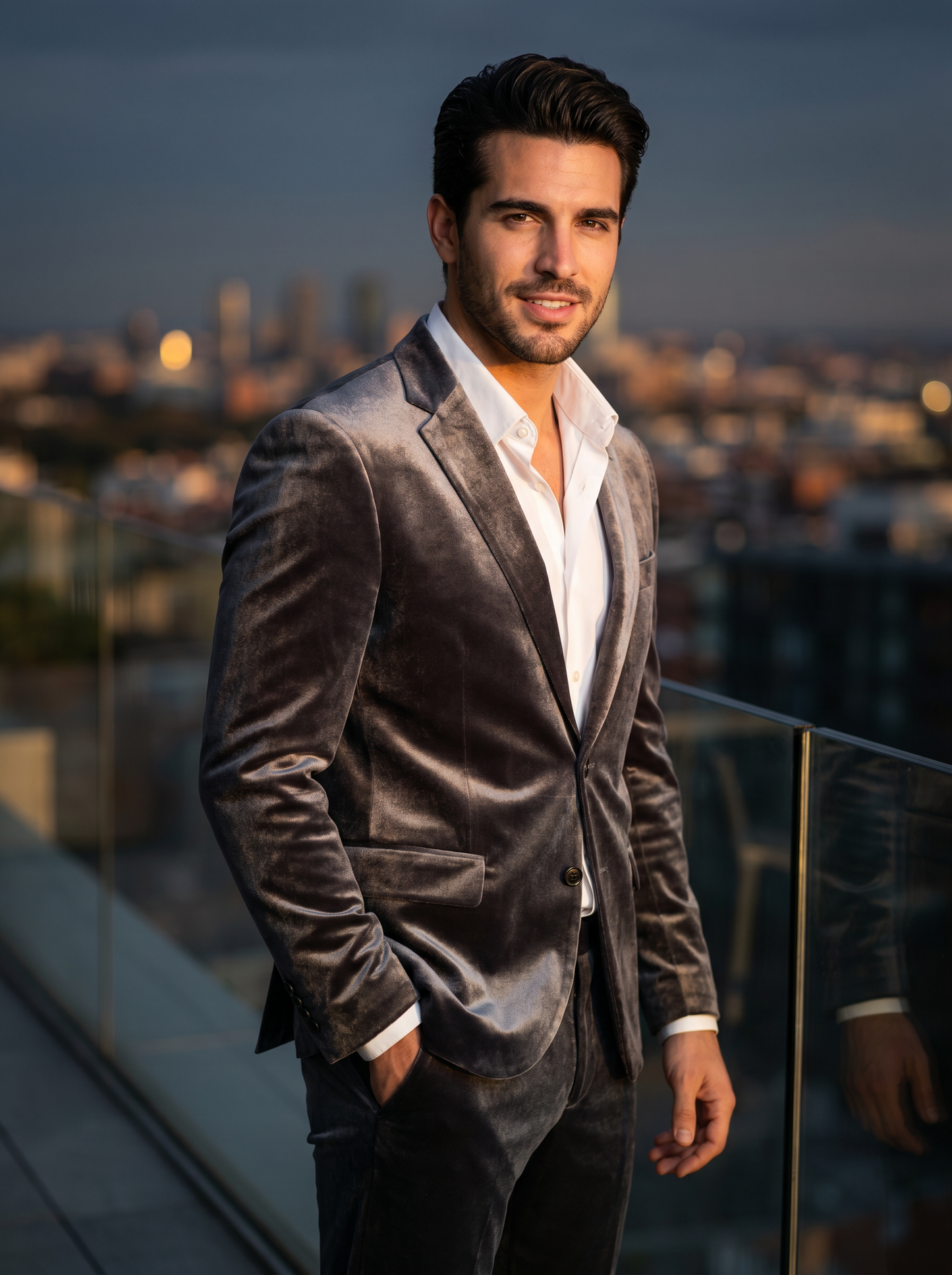 Silver Velvet Suit — Custom Made to Measure - front view