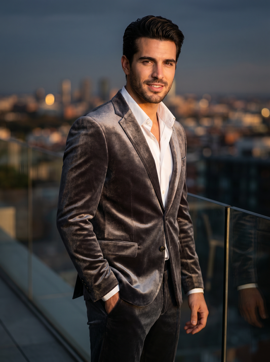 Silver Velvet Suit — Custom Made to Measure - front view