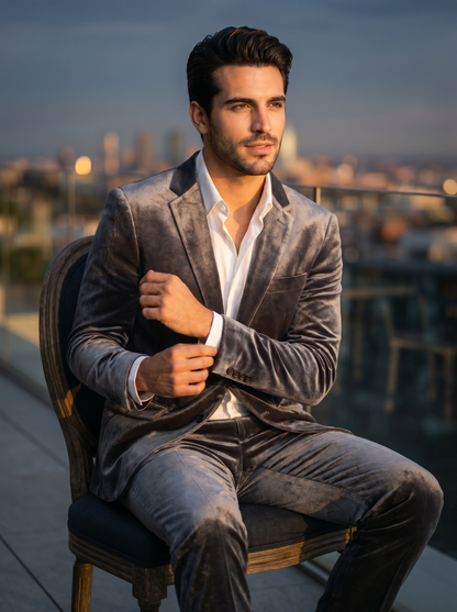 Silver Velvet Suit — Custom Made to Measure - seated view